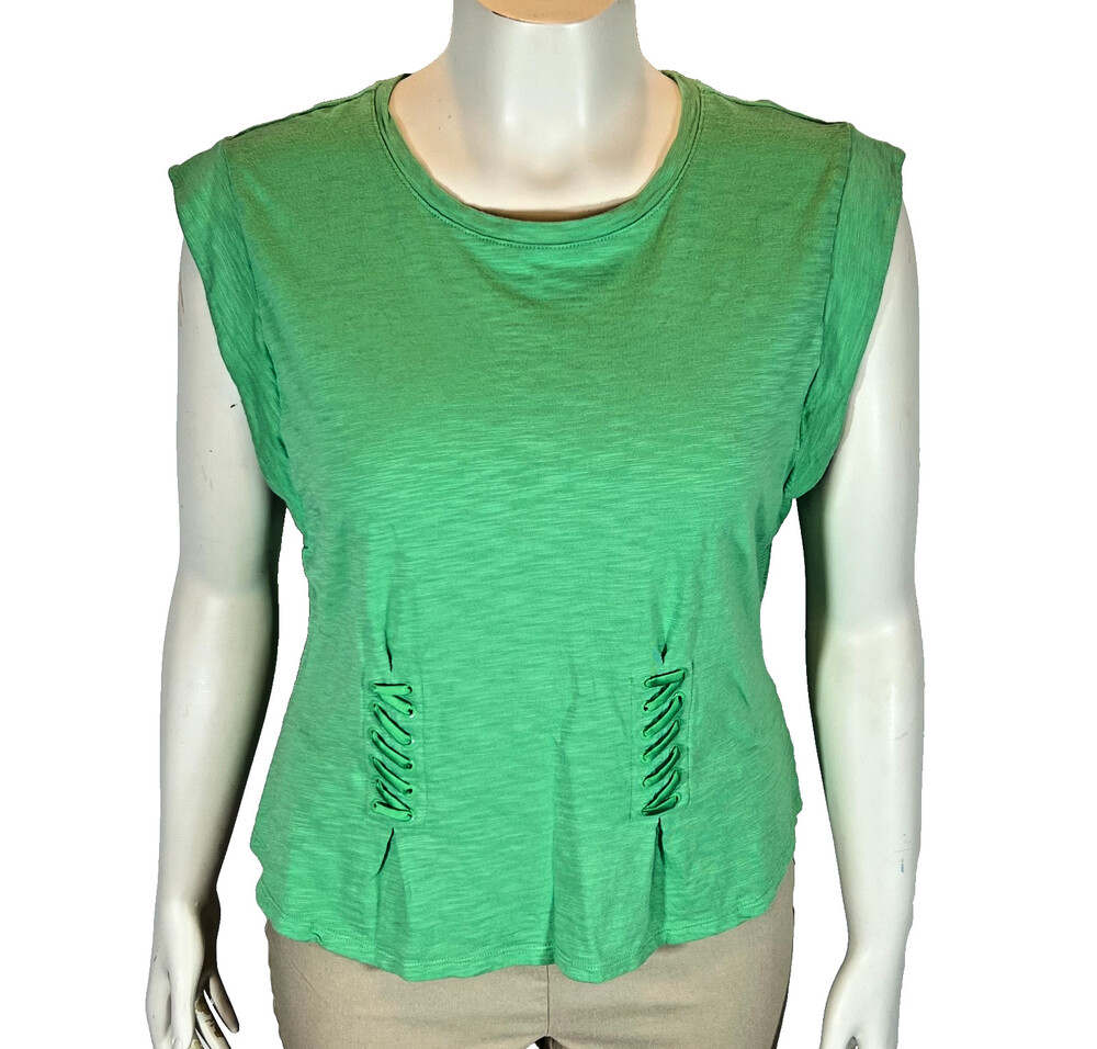 WHBM Cap Sleeve Blouse Womens XL Green Renaissance Double Laced Waist Cott/Modal